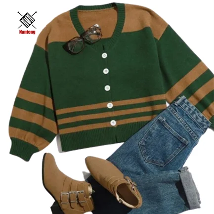 
Custom Drop Shoulder Color Block Short Cozy Striped Knitwear Vintage Cardigan Sweater 