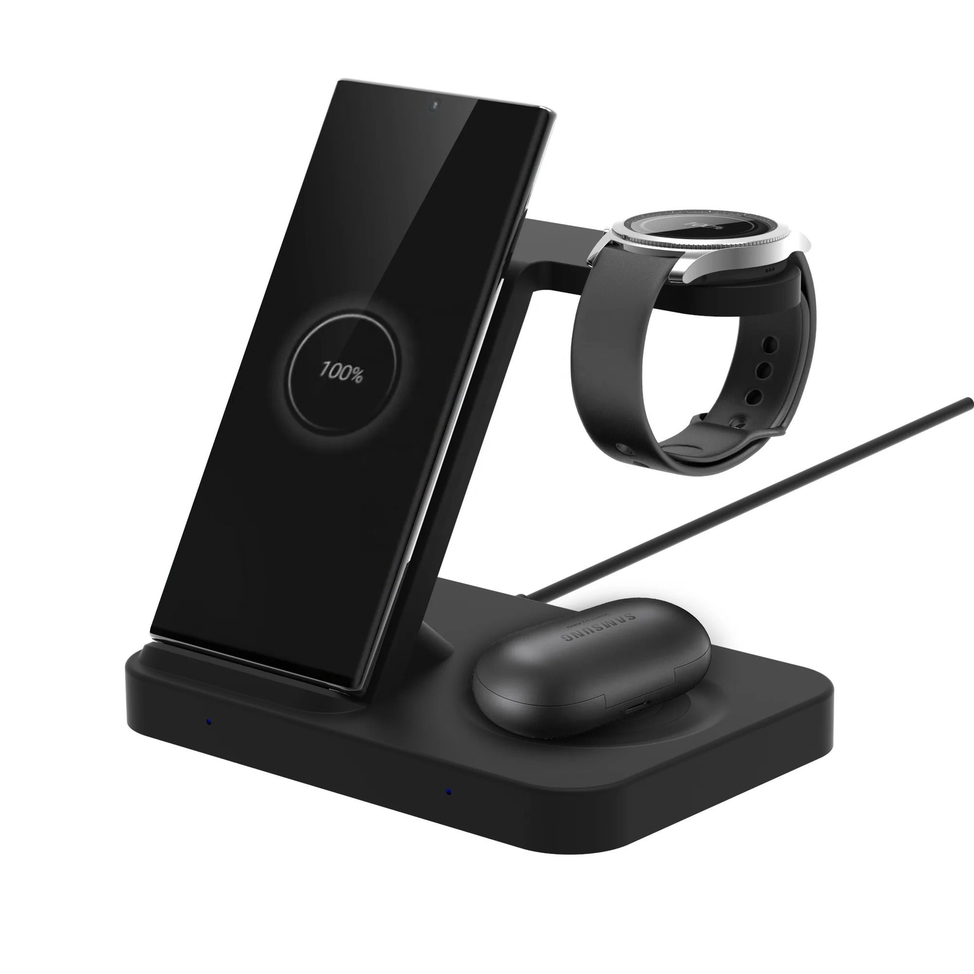 Black 4 in 1 Fast Wireless Charger Station for Qi Enabled Mobile Phone and Galaxy Watch and Galaxy Buds with USB Output Charging