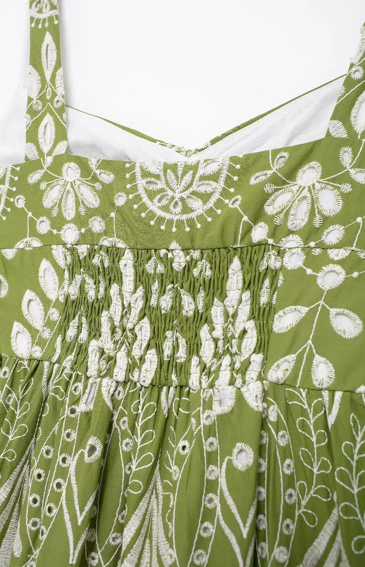 Ladies Hawaiian Vacation Style Slimming High Waisted Whitening Green Dress Hollow out Embroidered Print Summer Slip Dress