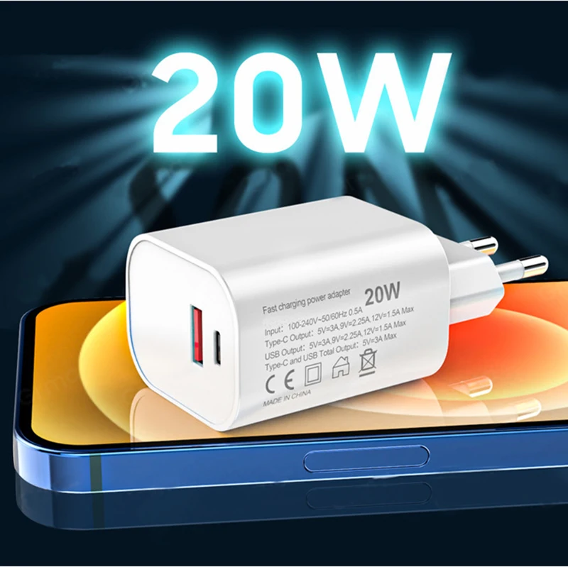 20W USB C Power Adapter for iPhone 14 13 12 Fast Charger 2-Port Wall Charger Power Delivery PD 3.0 with USB C and QC 3.0 USB A
