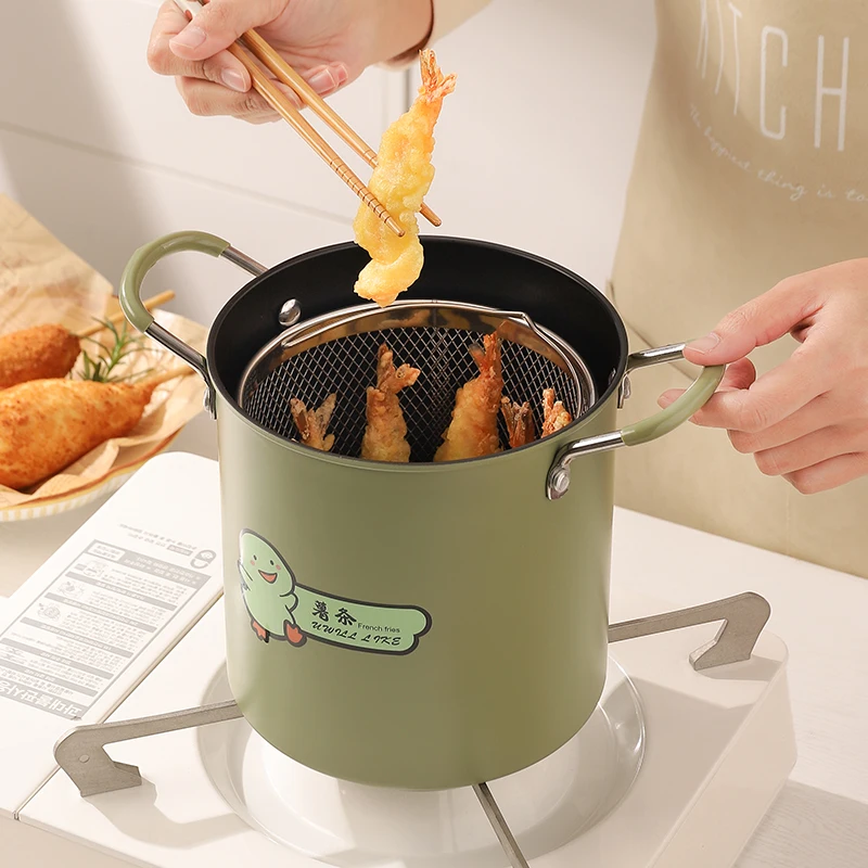 Japanese Style Noodles Boiler Deep Fryer With Filter Non-stick Fried Chicken Potato Chips Tempura Frying Pot Mini Cookware Set