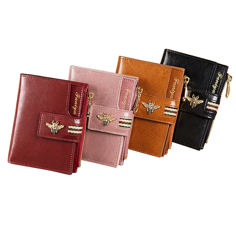 Leather fashionable Bee coin RFID ladies custom wallet sliding drawer gift box packcarteras luxury purse wallet women
