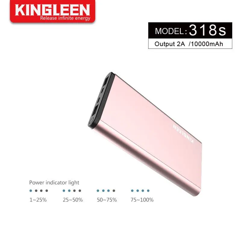KINGLEEN 318S portable 2 USB output metal power bank polymer battery 10000mAh slim power bank