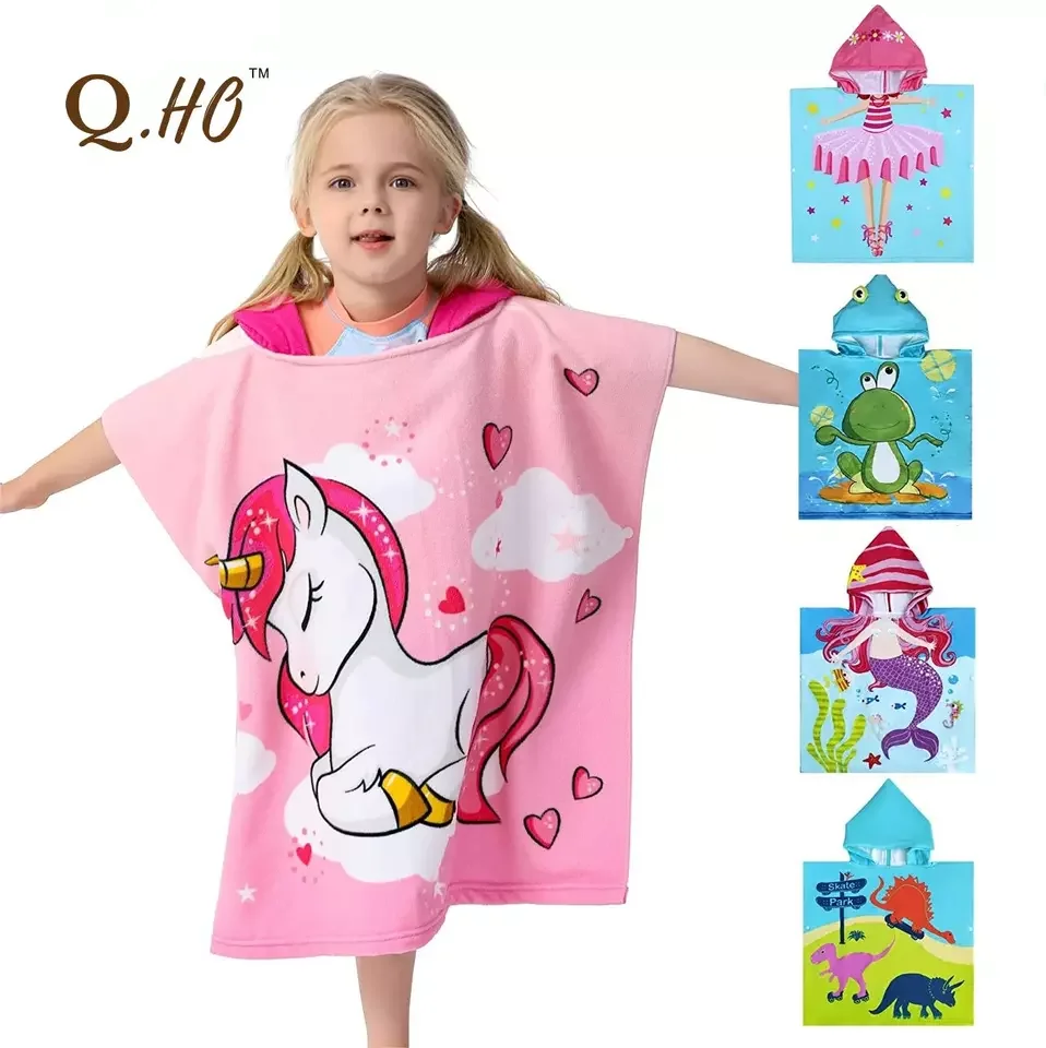 High Quality Microfiber Kids Cartoon Beach Children Printed Hooded Towel Cartoon Ponchos Beach Towel