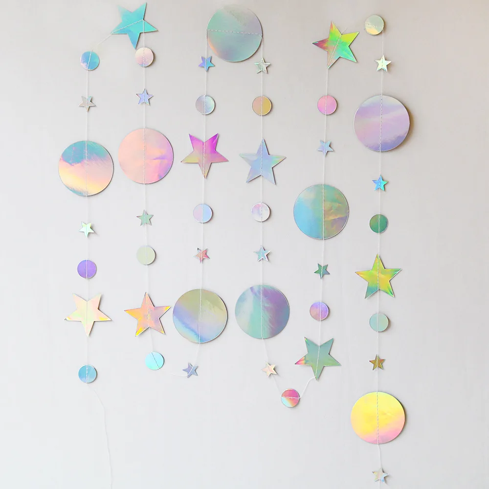 4m Iridescent Party Supplies Hanging Stars Garlands For Birthday Party Decor Silver Laser Paper Star Streamers For Baby Shower