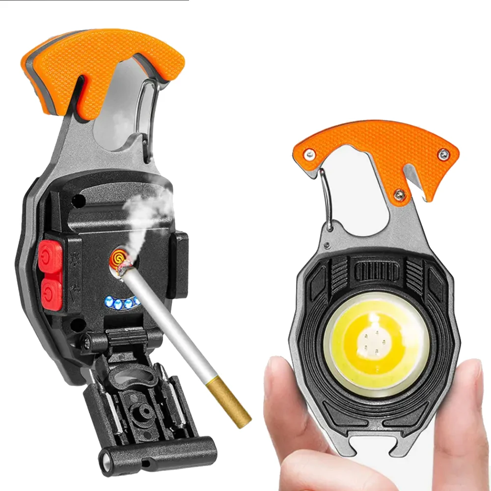 Manufacturer Aluminum Magnetic USB Rechargeable COB Keychain Light Bottle Opener Wire Cigarette Lighter Whistle-All-in-One