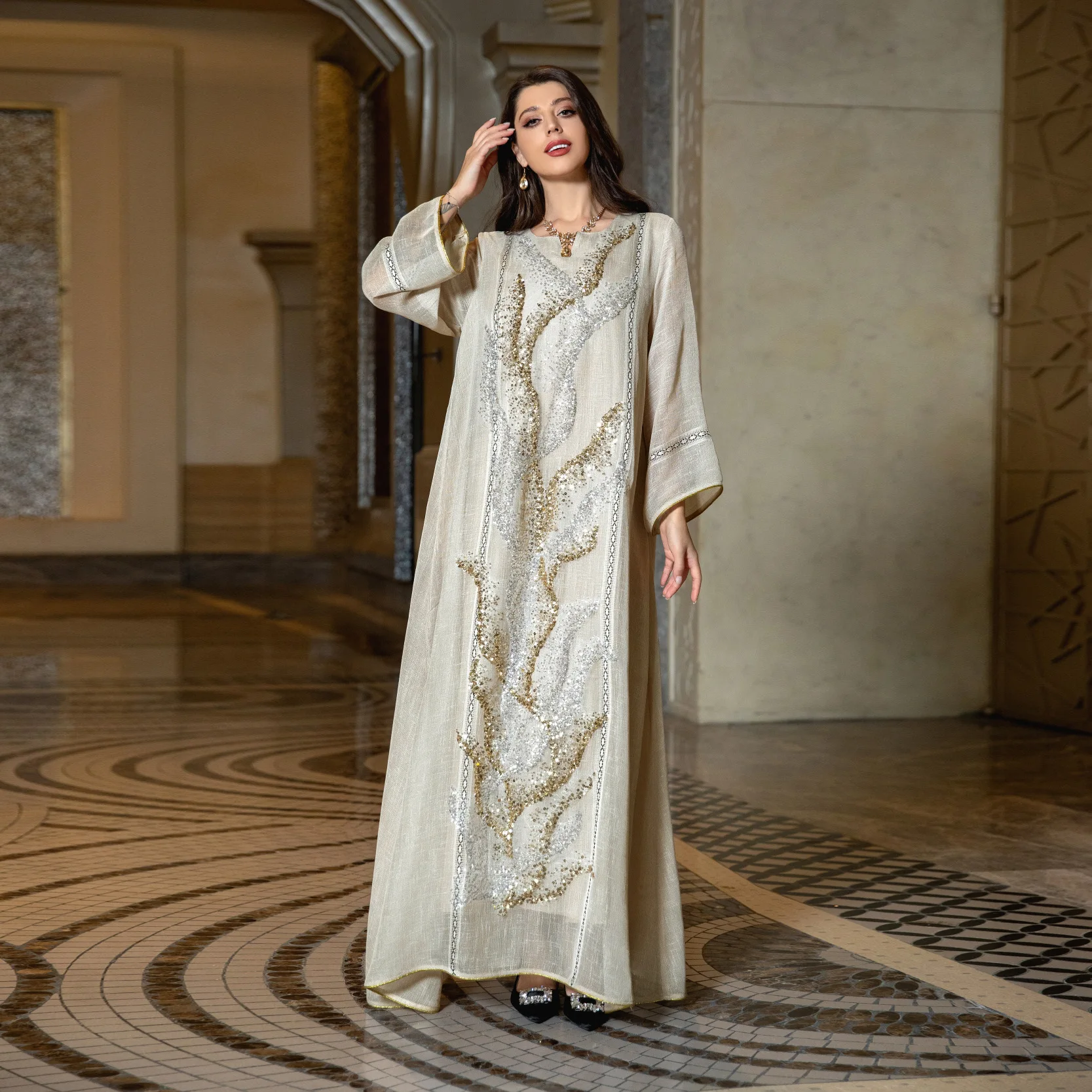 Muslim Robe Sequined Embroidered Reception Evening Dress Dubai Long Muslim Evening Wedding Dress
