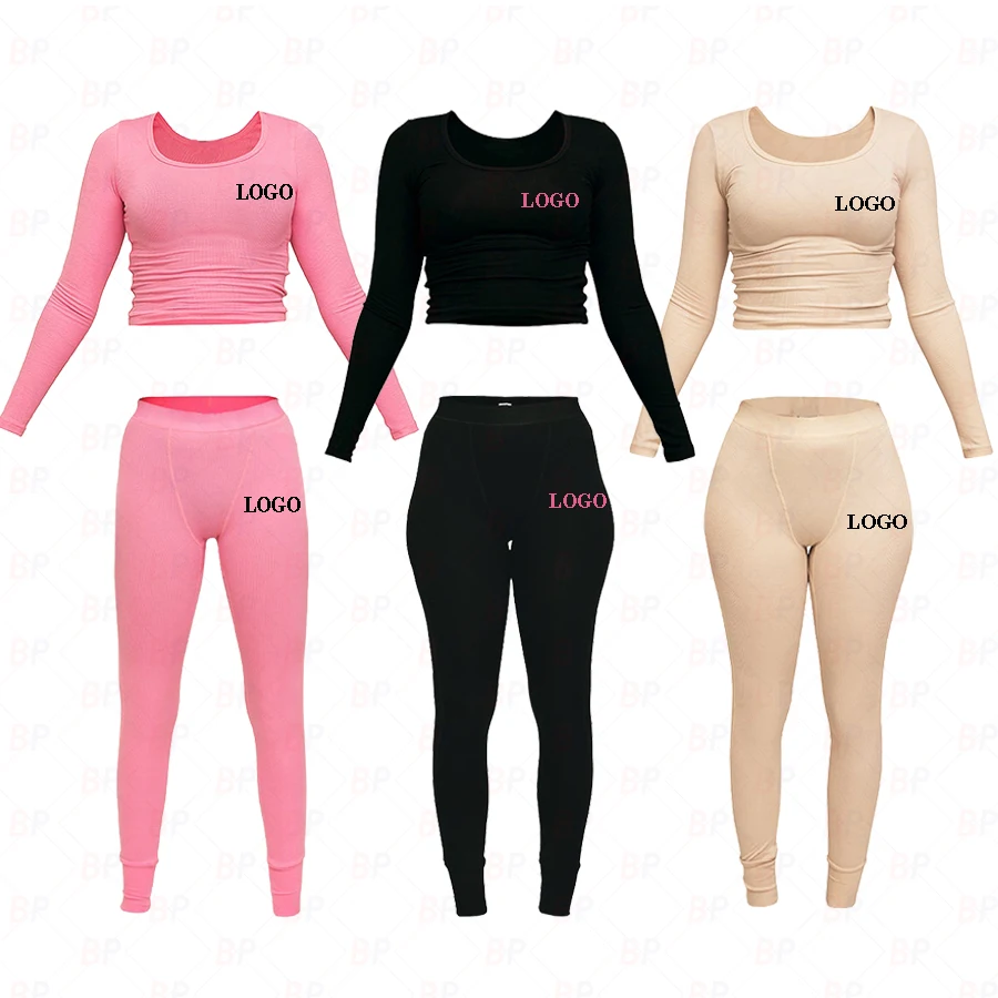 Custom LOGO Women Fall Sets 2022 Skinny Ribbed Top and Leggings Sport Outfits Ribbed Cozy Lounge Wear Women Two Piece Pants Set