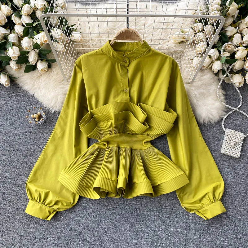 Customized spring long sleeved shirt women three-dimensional pleated ruffle edge waistband top women