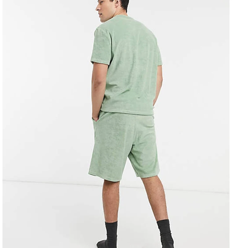 Casual New plain tee shirt and shorts set pajama lougewear drawstring t shirt short sets velvet two piece short set men