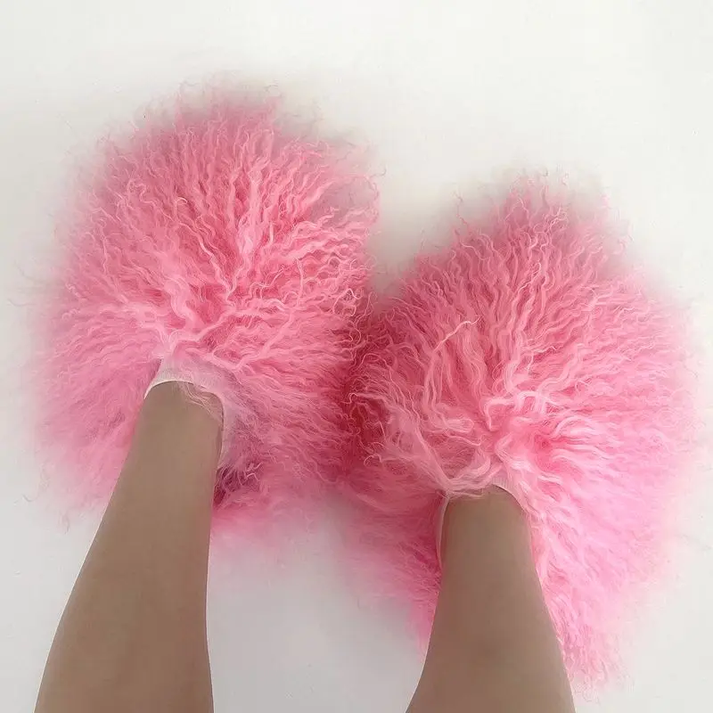2024 Custom Logo Pantuflas De Peluches Slip On Zapatillas Fluffy Plush Fuzzy sheep fur slides Mongolian fur  slippers