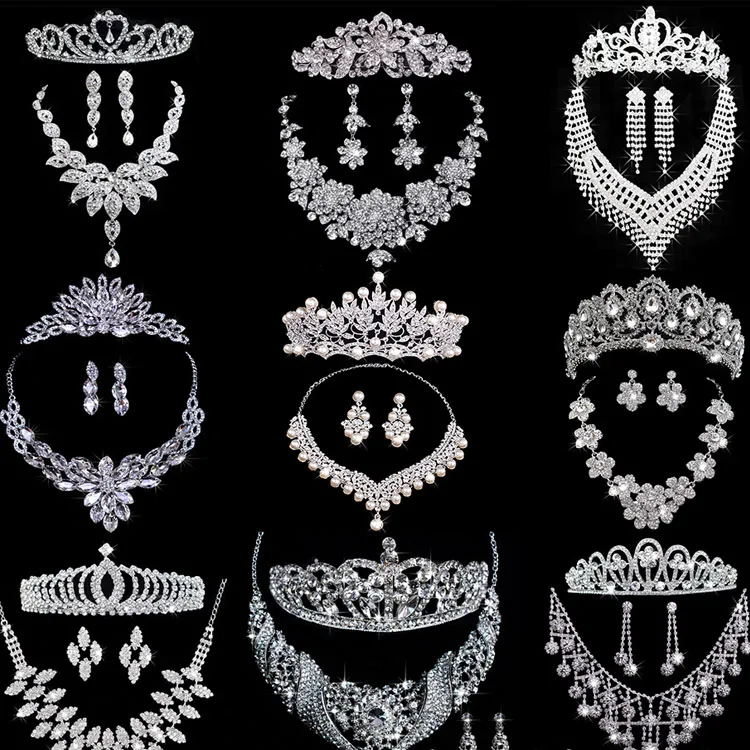 Qushine Multi Styles bridal jewelry set  Crystal Crown Necklace Earrings Bride Tiara Wedding Head Jewelry Set  For Women
