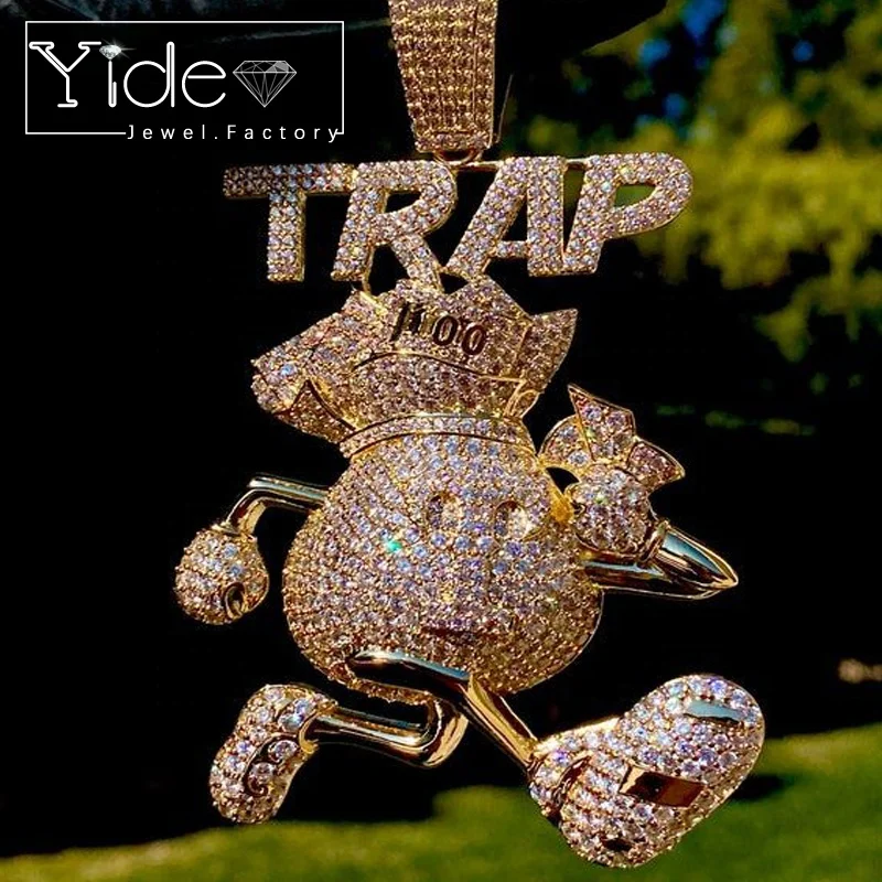 18k Gold plated TRAP money bag pendant iced out zircon necklace for men
