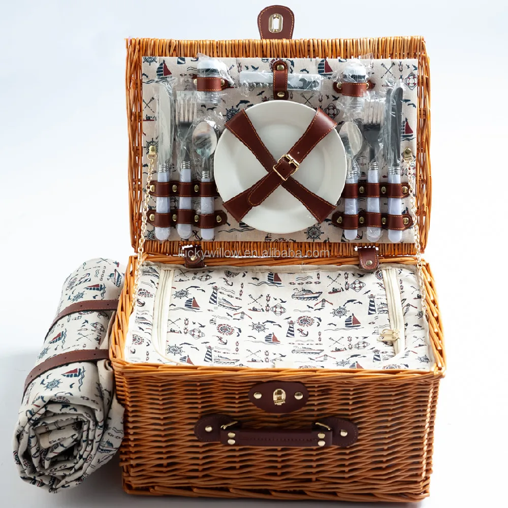 Wicker picnic basket factory wholesale customized wicker picnic gift hamper for 6 person with all accessories