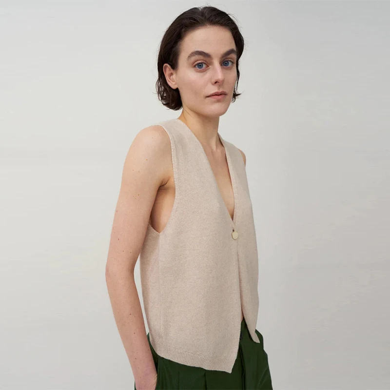 Cashmere Sleeveless V Neck Sweater Hot Sale OEM Elegant Women Open Front Knit Vest Plain Cashmere Vest Sweater