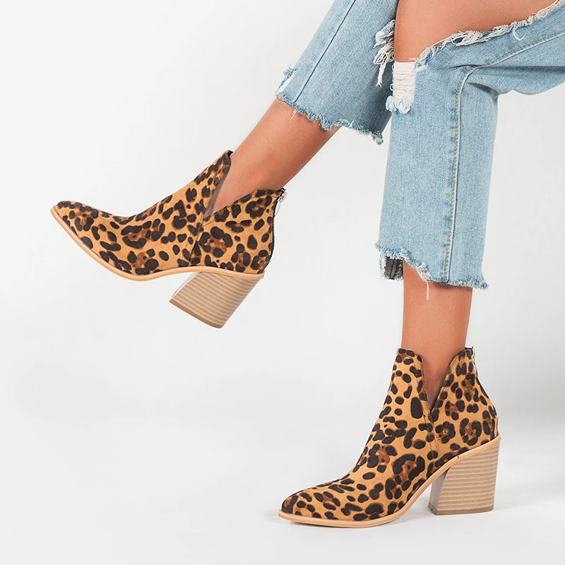 2021 Fashion Flock&amp PU Winter Animal Prints Non-Slip Women High Boots Shoes Sexy Pointed Toe Square Heel Sewing Ladies Boots