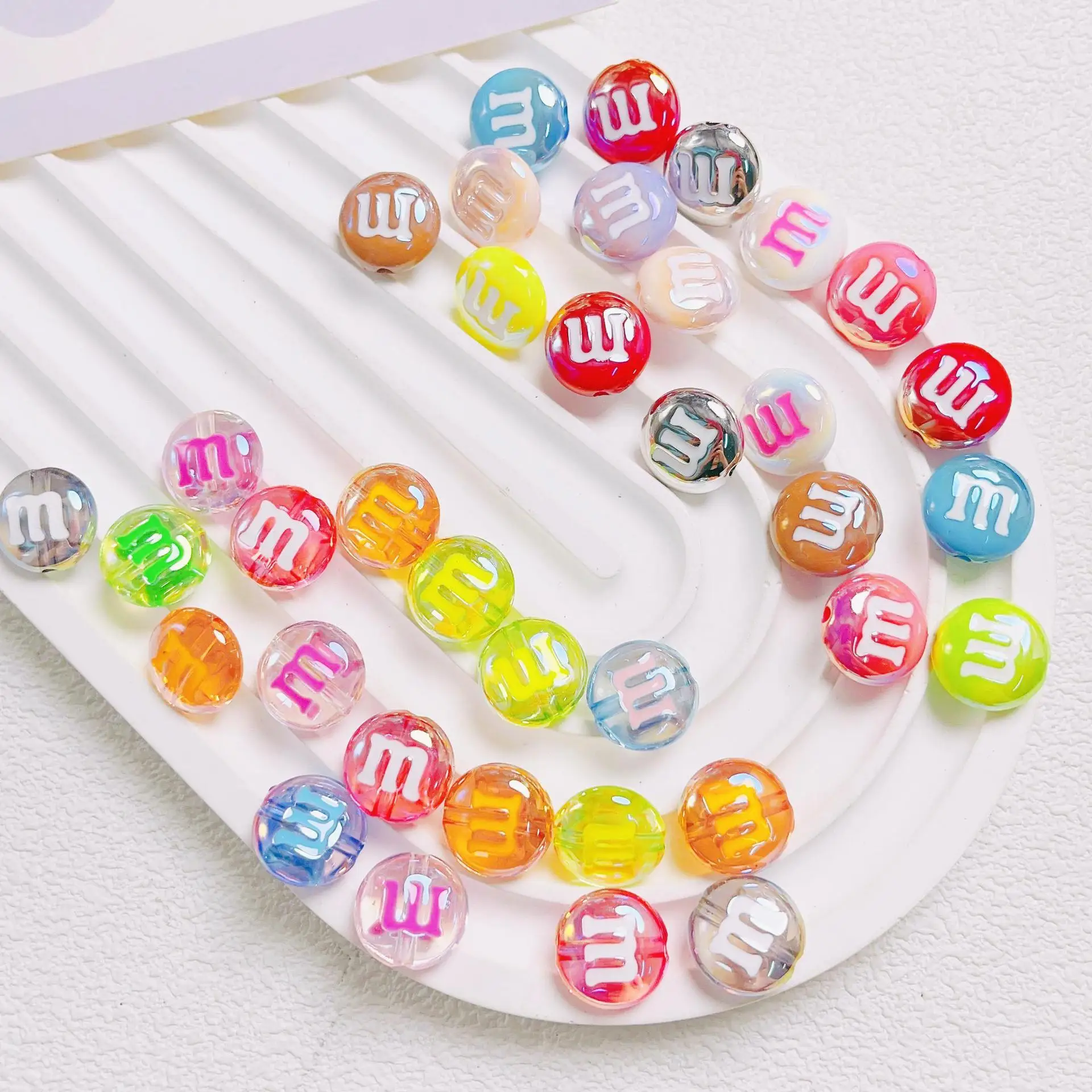 Explosive 14mm light plated rainbow M bean loose beaded diy mobile phone chain key chain material accessories