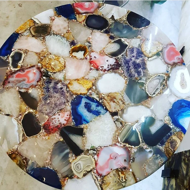 Semi Precious Stone Side Tables For Living Room Modern Multicolor Agate Onyx Marble Coffee Table