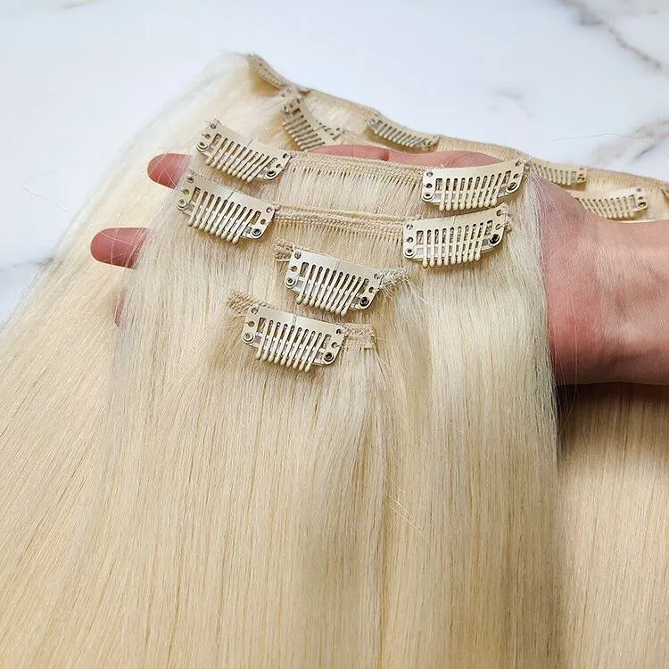 100% Russian Human Remy Clip On Hair Extensions Wholesale Natural Seamless Indian Clip In Hair Extension
