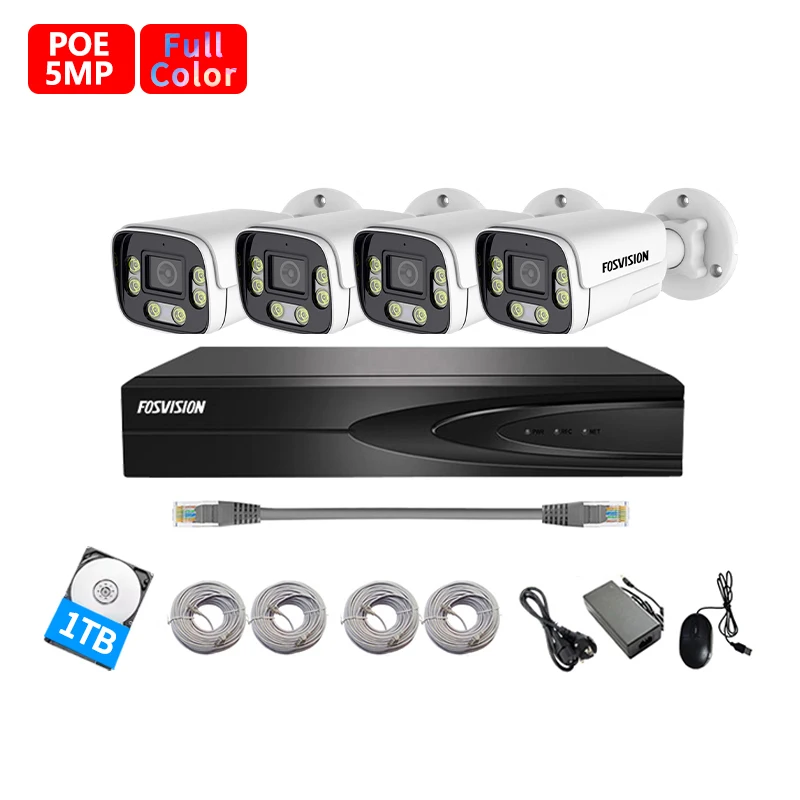 Fosvision Hd 5mp Ip Poe Camera System 4ch Poe Nvr Camera Kit Set 4 Channel Nvr Home Security Cctv System Two Way Audio
