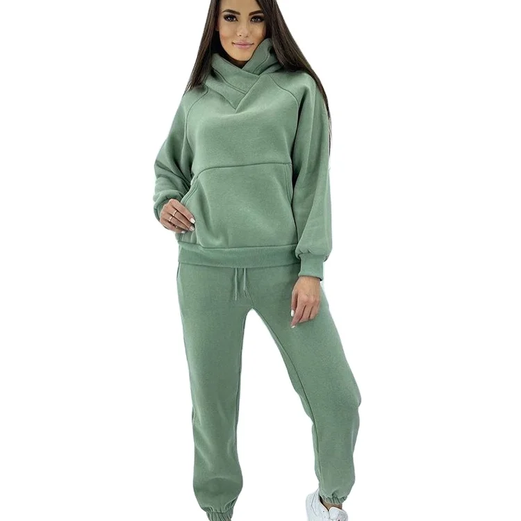 Оптовая продажа дизайнерский однотонный черный зеленый спортивный костюм устойчивый Роскошная Толстовка Без шнурка с брюками комплект в сборке для женщин