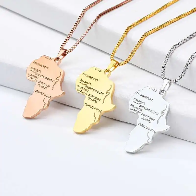 
2021 Creative 316L Stainless Steel Gold Chain Africa Map Pendant African Map Necklace 