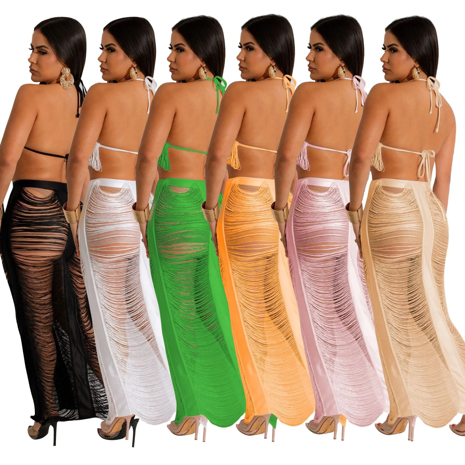 2023 New Crochet Hollow Out Tassel Summer Bikini Beach Wear Women Holiday Vacation  Swimwear Beach Maxi Wrap Skirt Set