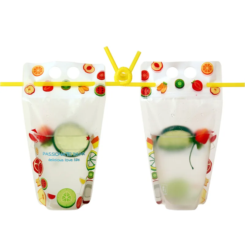 Biodegradable transparent hand-held ziplock plastic juice drink bag with straw