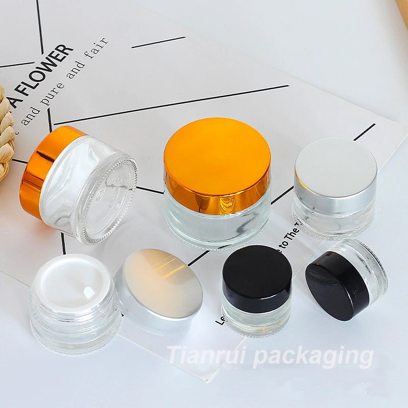 Empty Cream Jar 5g 10g 15g 20g 30g 50g 100g Wholesale Recyclable Clear Glass Jars with White Black Gold Sliver Lid