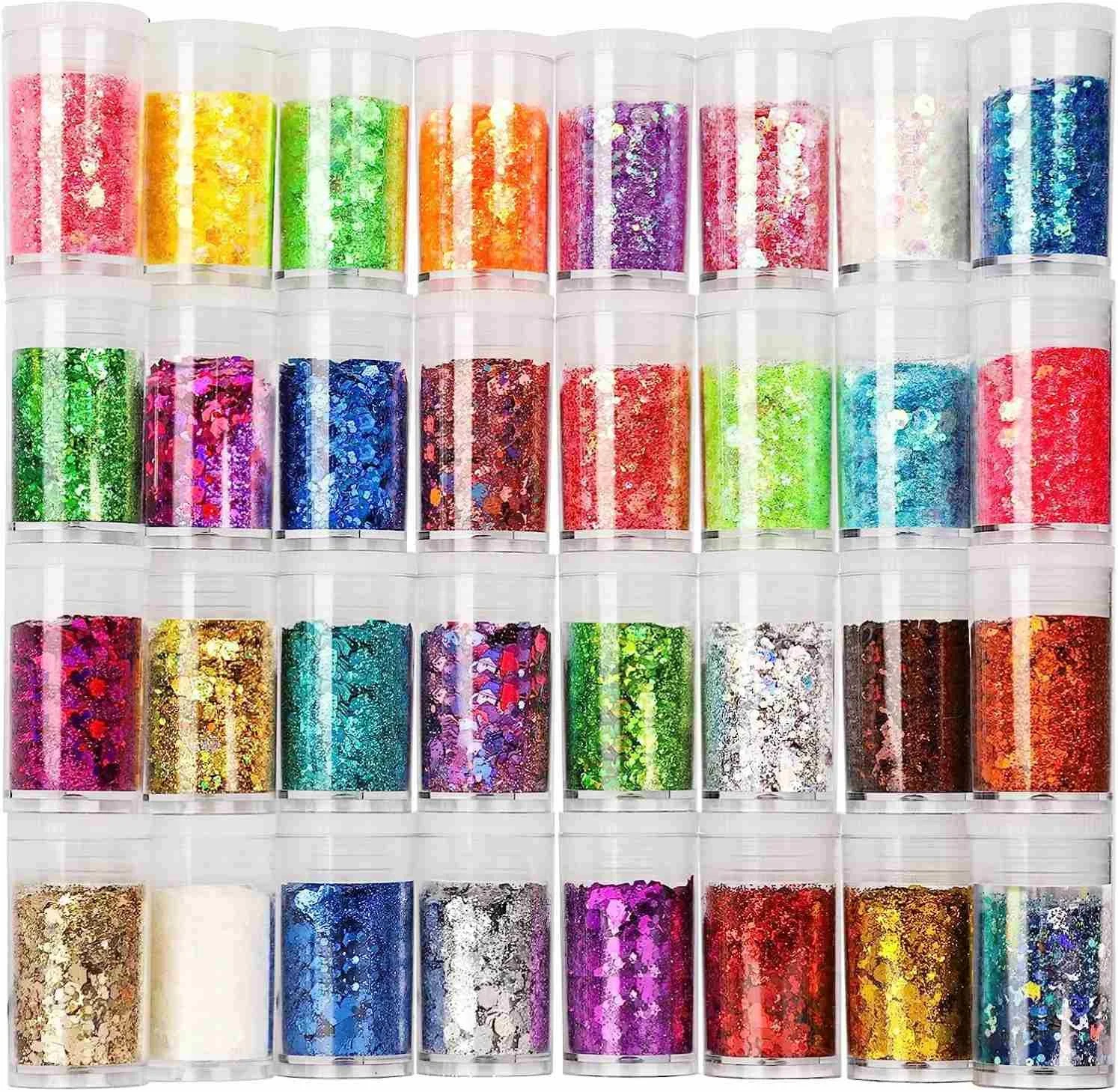 32 Colors Chunky Glitter Sequins Glitter Powder Mix Iridescent Holographic Glitter Flakes Cosmetic Face Hair Nail Art Resin