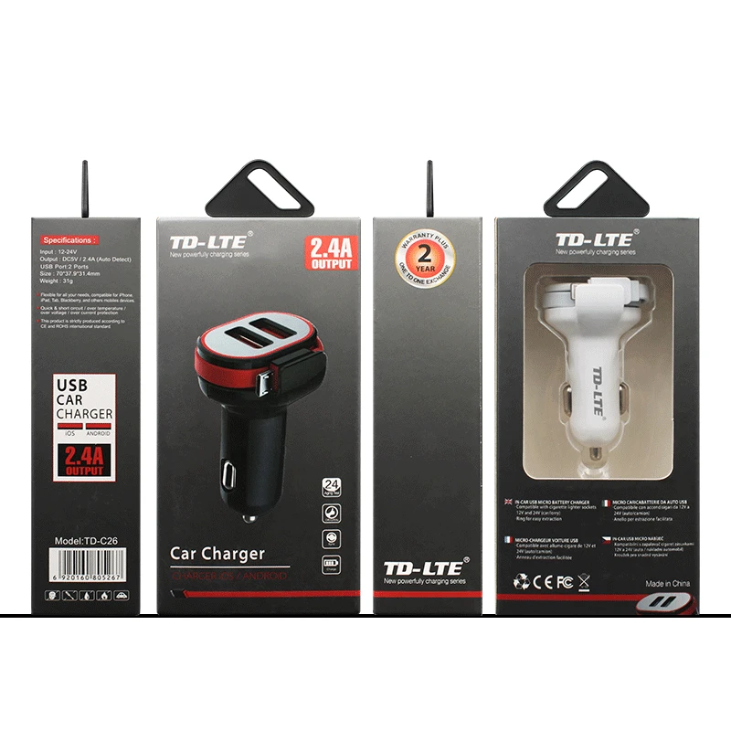 5V 2.4A 2usb port car charger with cable car phone charger fast charging car station for mobile phone