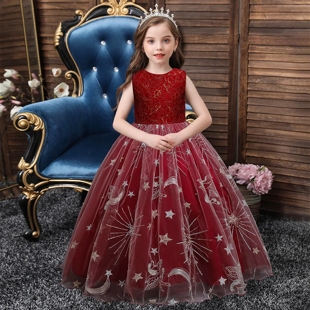 New girls princess dress children net gauze embroidery flowers fluffy wedding dress party long kids gown in evening dress