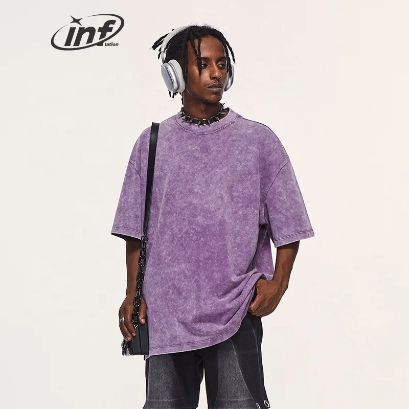 INFLATION Acid Washed 260 gsm brand clothing black t shirt Unisex heavy cotton Streetwear t-shirt