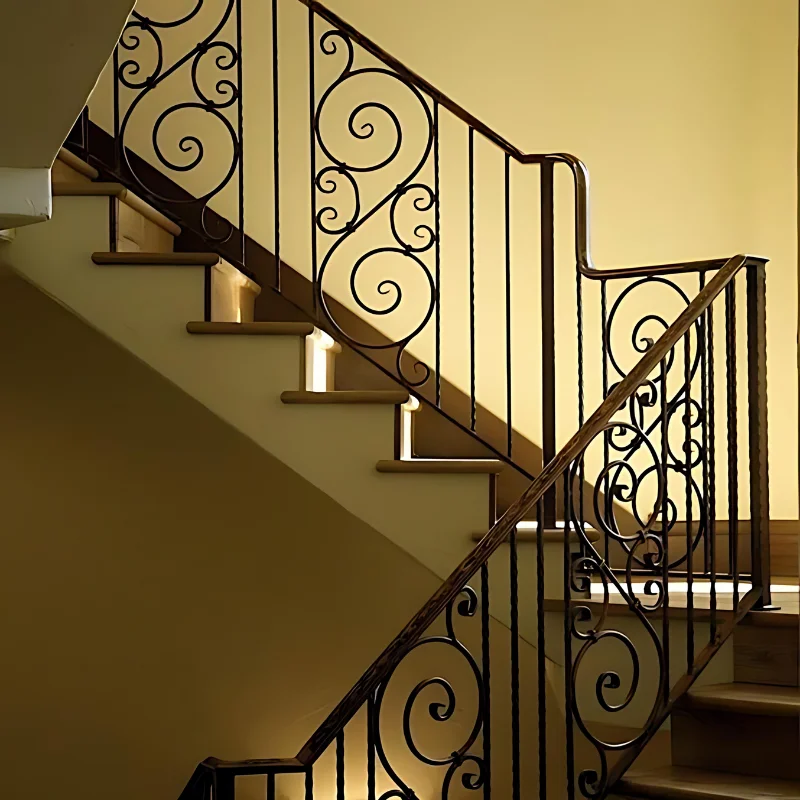 Wrought iron design railing wooden handrail solid wood step staircase classical spiral stairway indoor luxury timber stairs