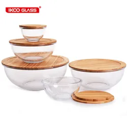 round glass fruit salad food prep serving bowl glass mixing bowl with wood lid