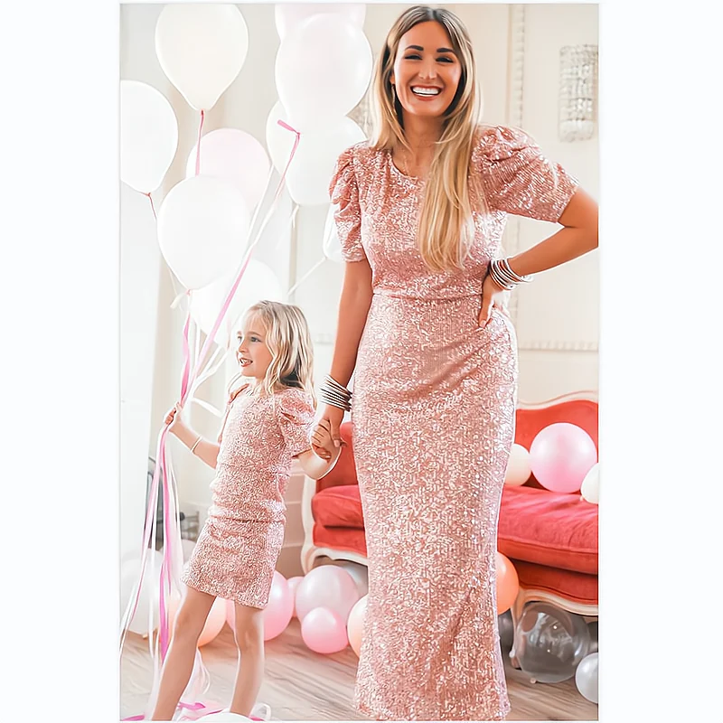 New Mom And Daughter Wedding Pink Sequins Dresses Matching Outfits Set Family Look Short Sleeve Long Dress For Mommy And Me