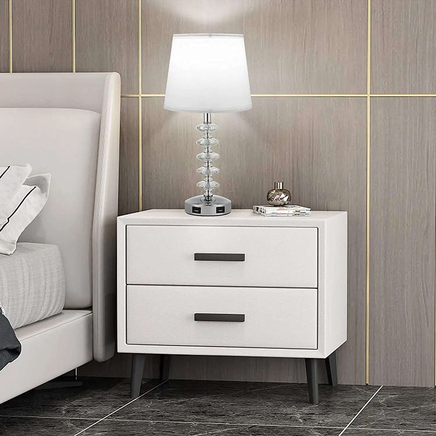 Modern Bedside Lamp Touch Control Crystal Table Lamps 3 Way Dimmable with Dual USB Ports