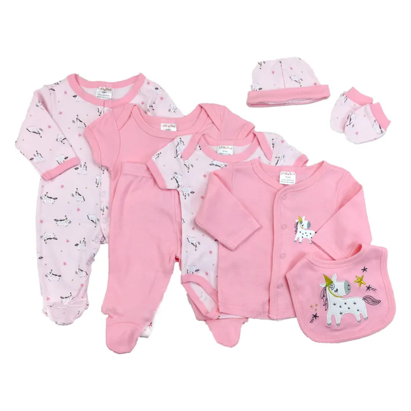  Organic cotton newborn baby clothes rompers 8-pieces mittens socks hat bibs