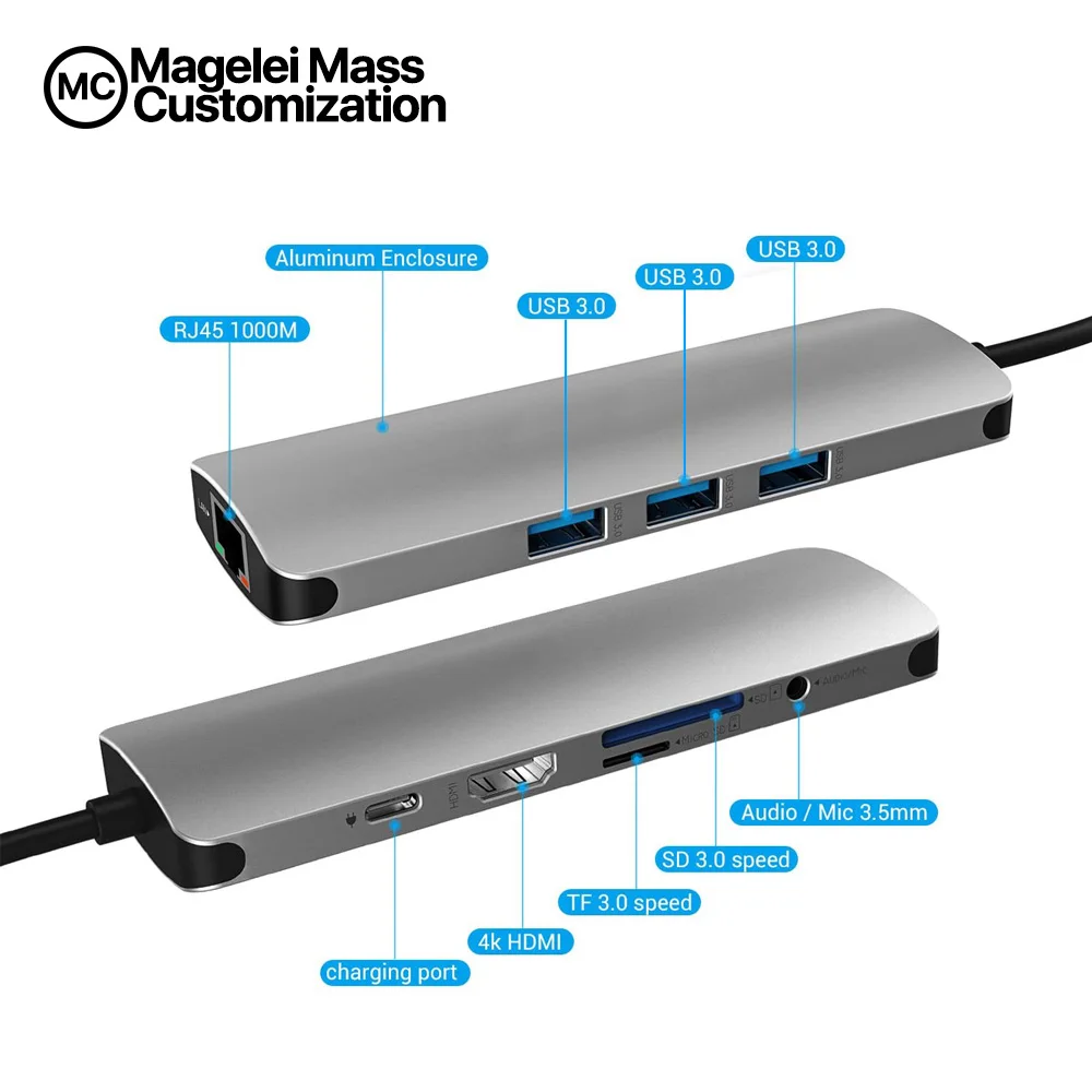 OEM New Type c USB3.1 9 in 1 Hub USB C type C to HDMI 3USB3.0 RJ45 Gigabit Ethernet SD/TF PD Audio multi-functional 9 in 1 hub