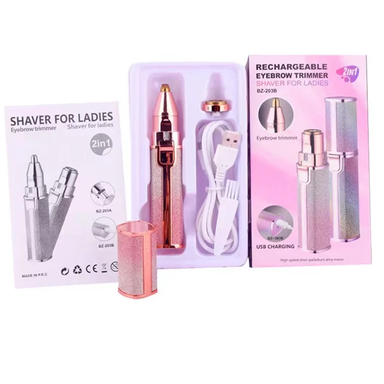 2023 Pink USB2 in 1 Rechargeable Built-in LED Light Trimmer Eye Brow Hair Remover Facial for Women Man Electric Eyebrow Shaver