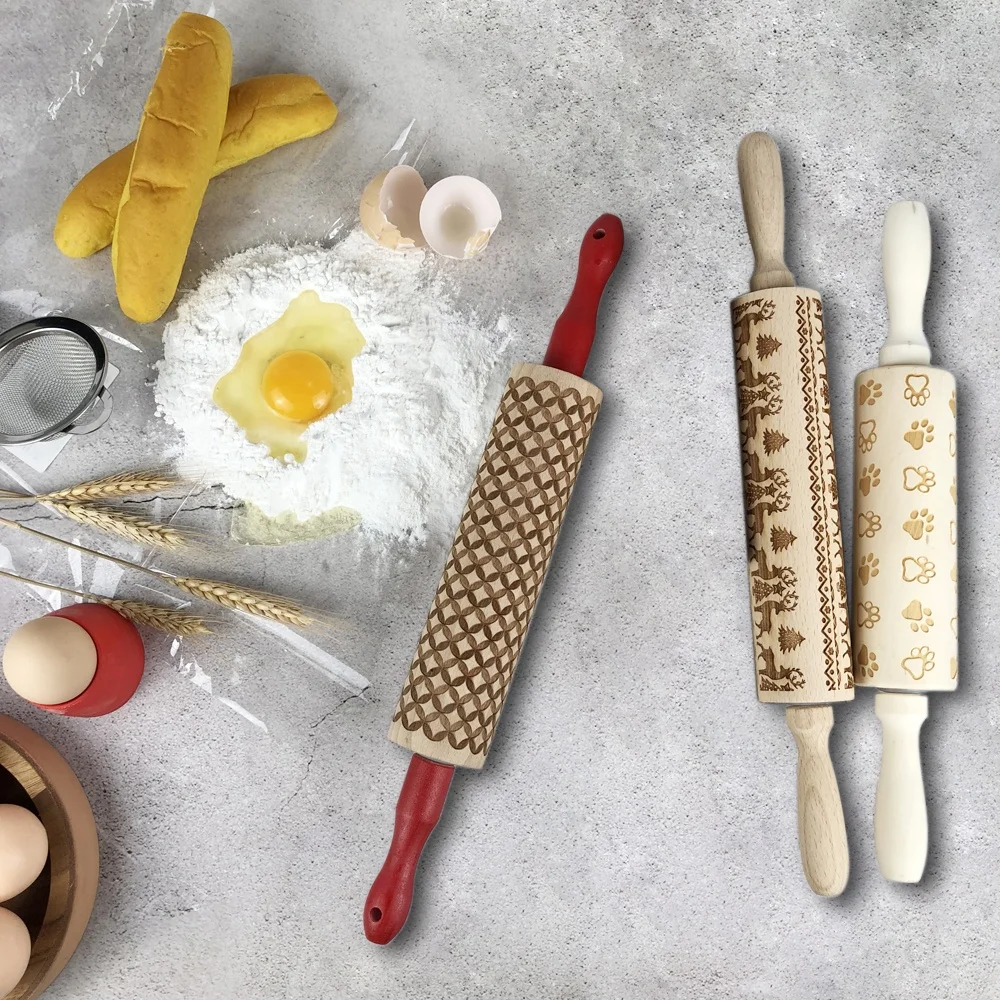 Exquisite design carve patterns or embossing on woodwork Kitchen accessory rolling pin of wood for dessert