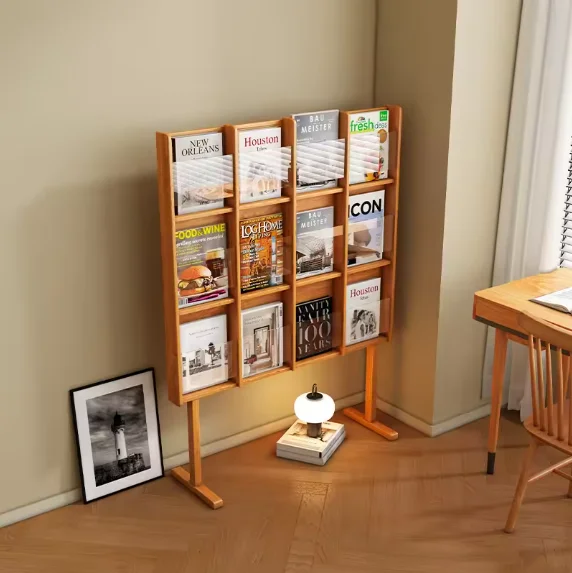School Library Newspaper Brochure Wood Display Stand Custom Magazine Book Display Shelf Cabinet