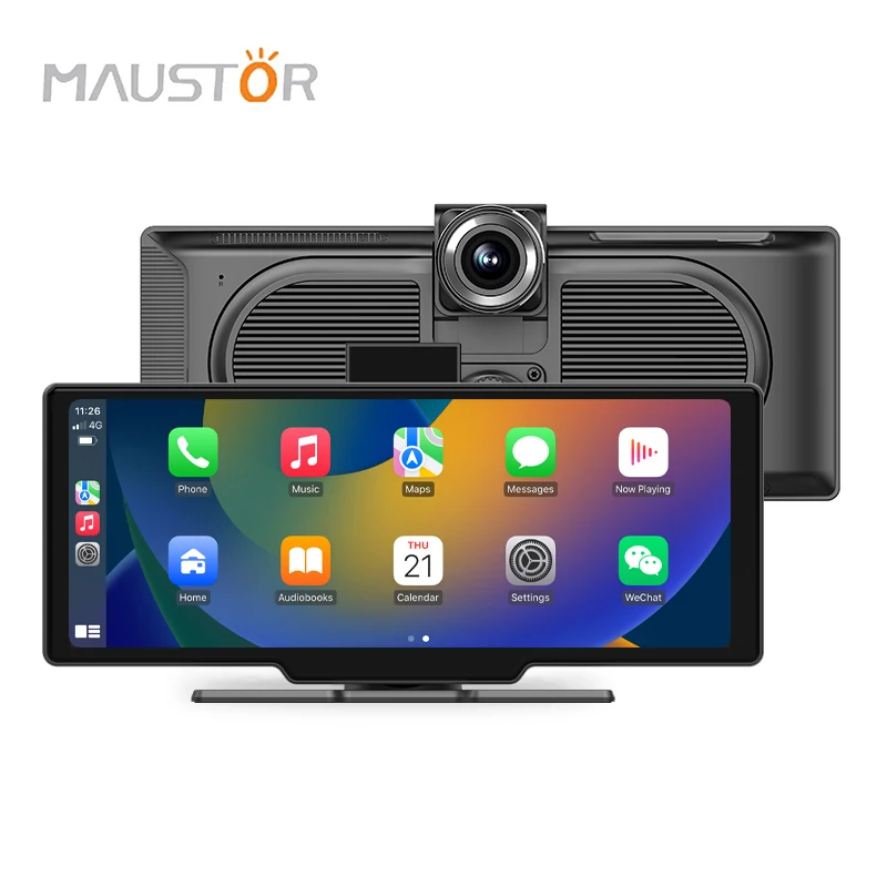 Maustor 10.26 inch Portable Carplay Screen with 4K Dash Cam Wireless Carplay Android Auto Loop Recording AirPlay