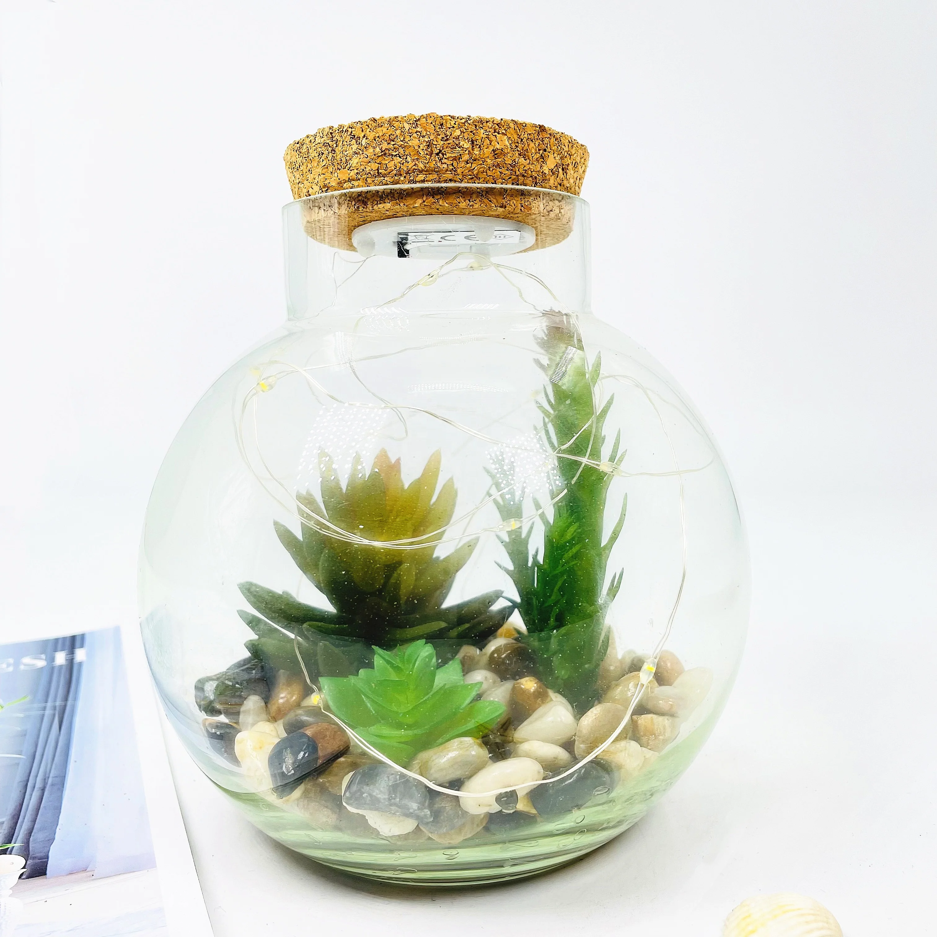 Glass bottle with artificial succulents plants and LED lights for home decoration