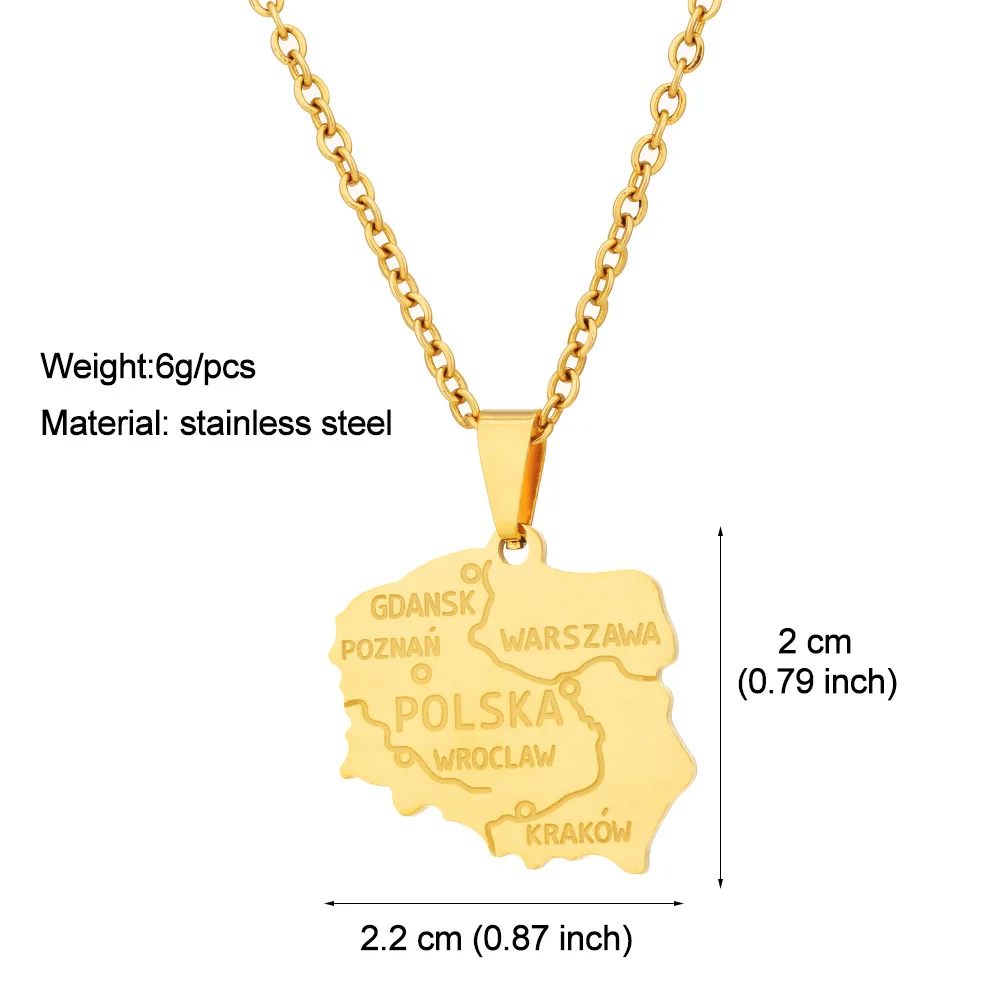 High Quality Non Tarnish Silver 18K Gold Plated 316L Stainless Steel Poland Map Pendant Necklace Jewelry For Women