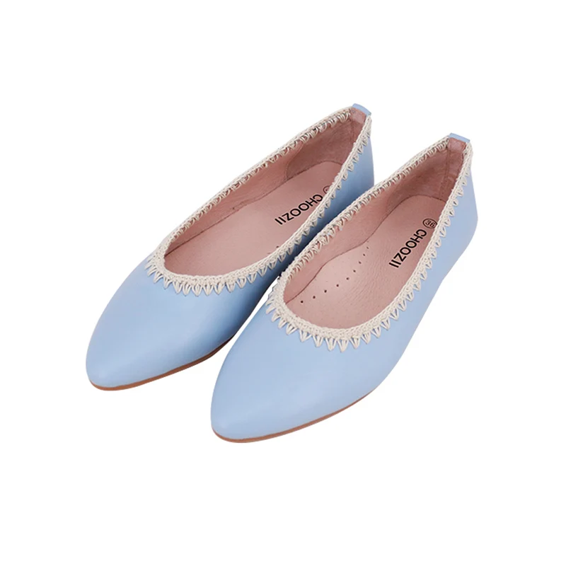 CHOOZII New Arrival Ladies Women Summery Baby Blue Genuine Leather Pointed Toe Ballet Flats with Stylish Crochet Trim