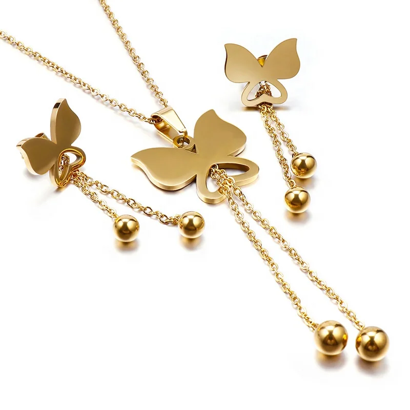 Butterfly Tassel Necklace Earring Jewelry Set Stainless Steel Women Engagement Jewelry Set Custom Design Gift