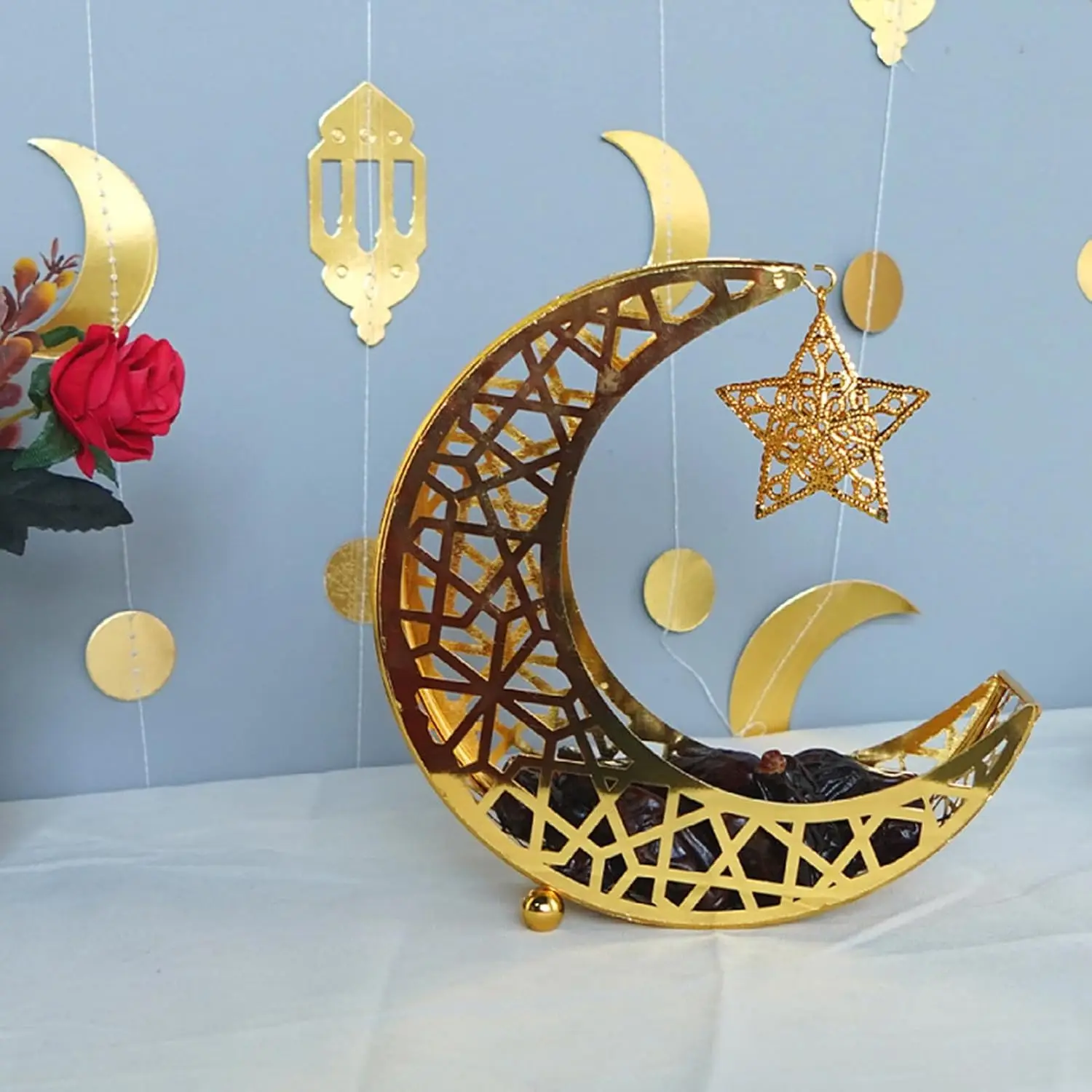 Decorative Moon Star Snack Tray Hollow Out Metal Dessert Plate Food Storage Container Serving Platter For Eid Table Decor