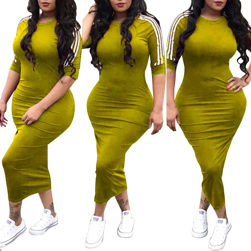 03058221-New Women Clothes Round Neck Short Sleeve Striped Skinny Solid Color Dress Womens Casual Dresses