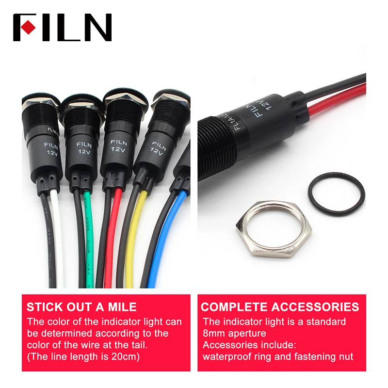 FILN Signal Lamp 12mm LOW Price Low Voltage 12v red Led Metal Indicator Light with symbol